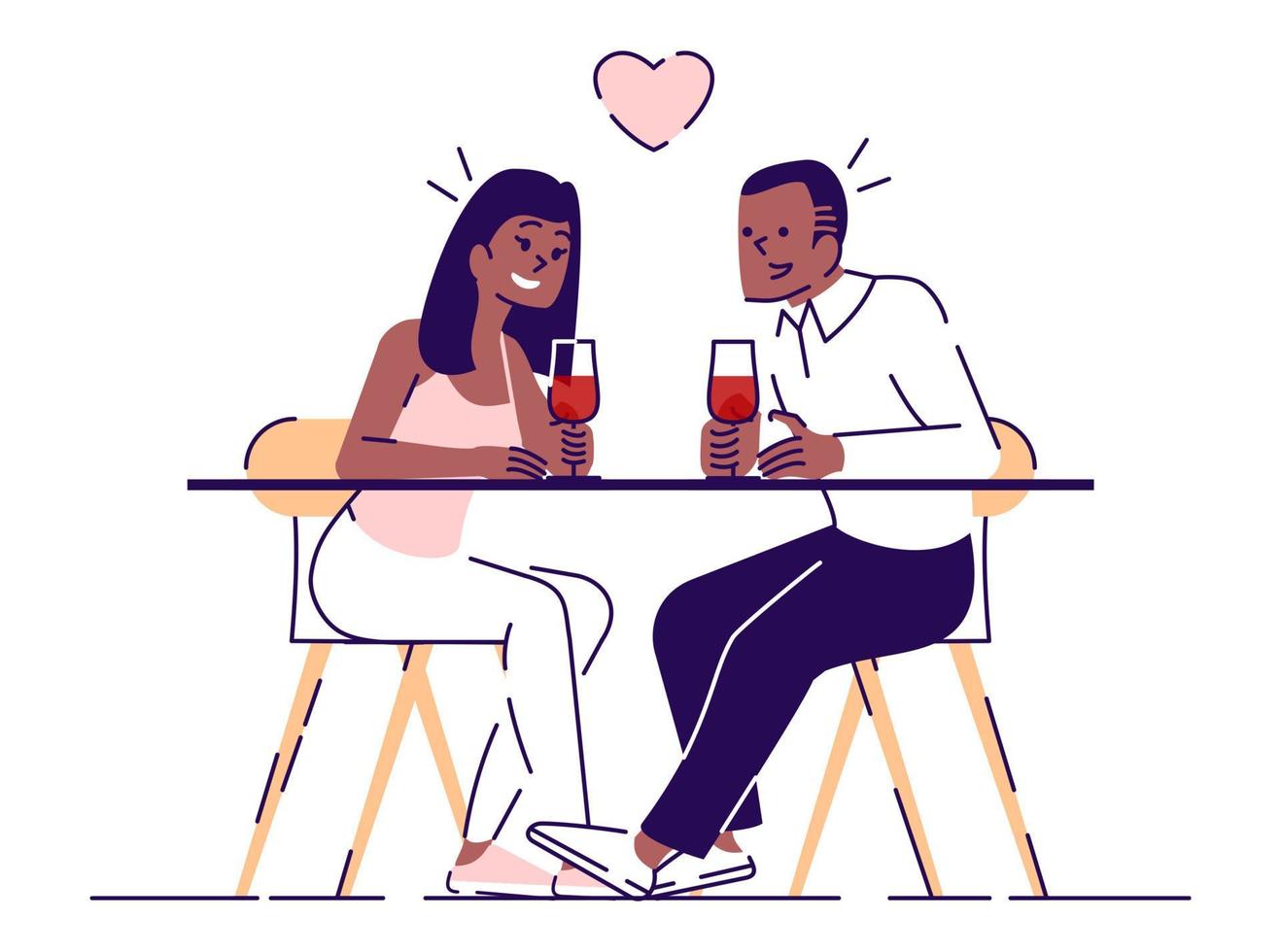 Romance evening flat vector illustrations. Young couple drinking wine in cafe, restaurant, Boy, girl chatting, flirting isolated cartoon characters with outline elements on white background