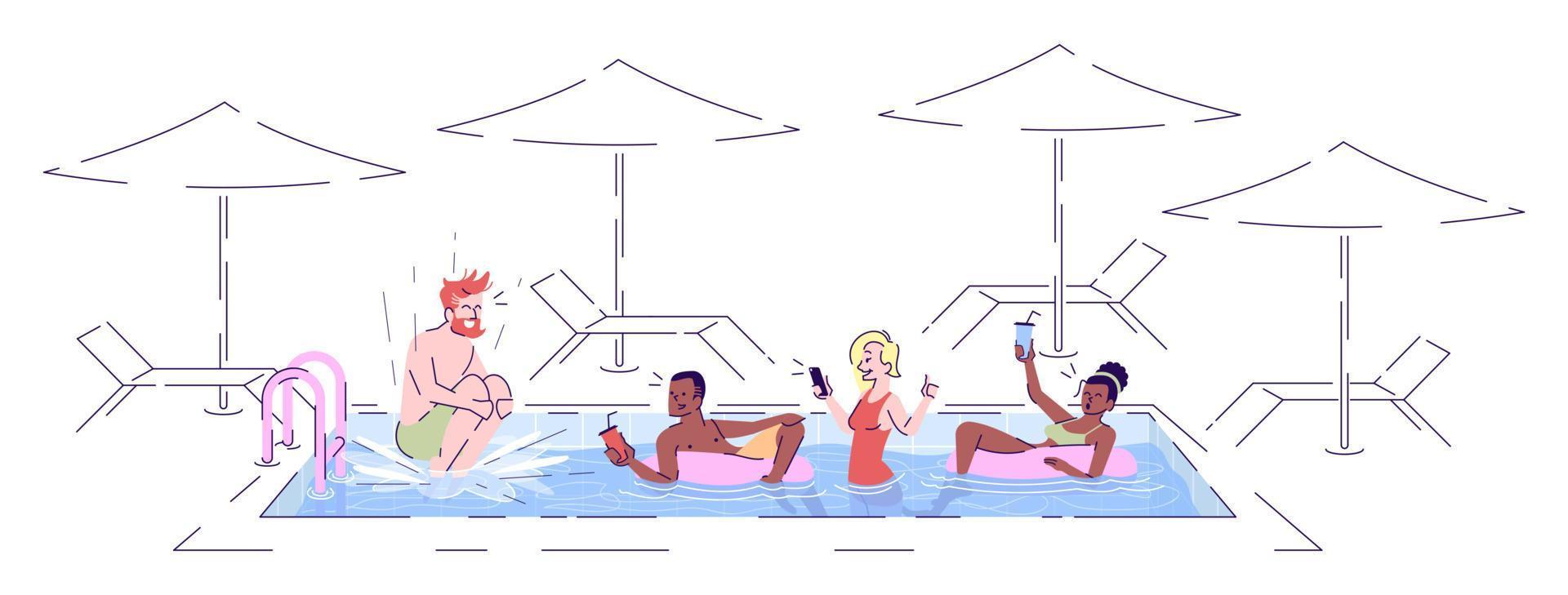 Swimming pool fun flat vector illustration. Friends relaxing, jumping in water, drinking cocktails in sea resort isolated cartoon characters with outline elements on white background