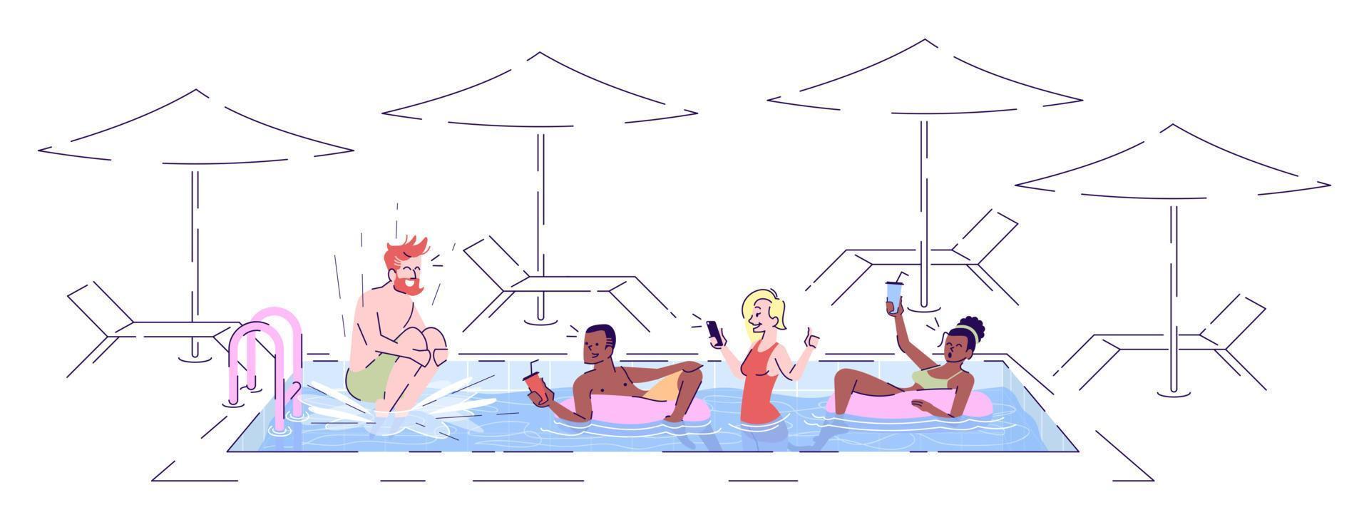 piscina diversión ilustración vectorial plana. Amigos relajándose, saltando en el agua, bebiendo cócteles en el balneario, personajes de dibujos animados aislados con elementos de contorno sobre fondo blanco. vector