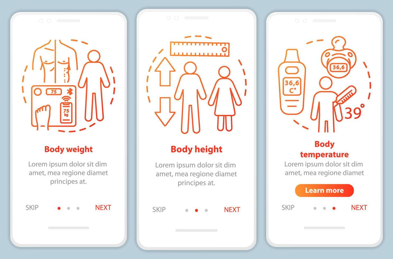 Body measurement onboarding mobile app page screen vector template. Walkthrough website steps with linear illustrations. Weight, height and temperature. UX, UI, GUI smartphone interface concept
