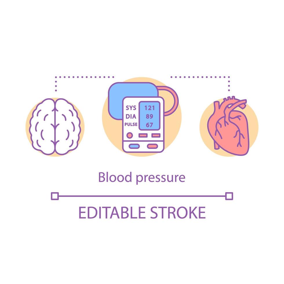 icono del concepto de medición de la presión arterial. cerebro, funcionamiento del corazón idea de monitorización ilustración de línea fina. Tasa de presión sistólica y diastólica. dibujo de contorno aislado vectorial. trazo editable vector