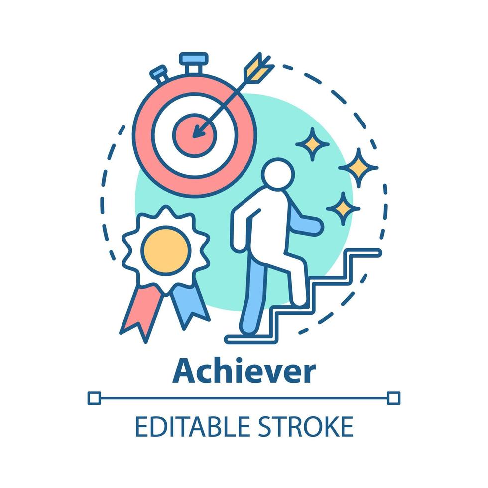 Achiever concept icon. Successful person idea thin line illustration. Goal achieving, winner. Reaching target. Personal growth, career ladder. Vector isolated outline drawing. Editable stroke