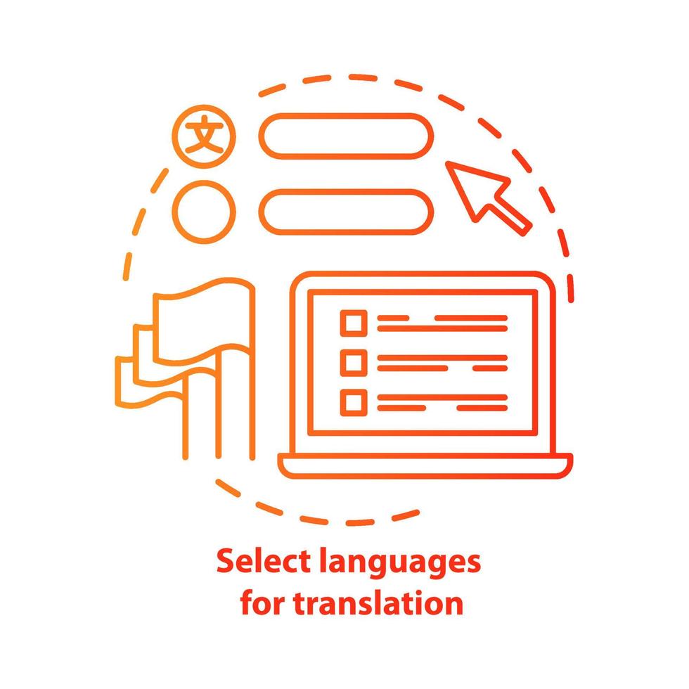 Select languages for translation red concept icon. Translator software idea thin line illustration. Learning foreign language. Online dictionary app. Vector isolated outline drawing. Editable stroke