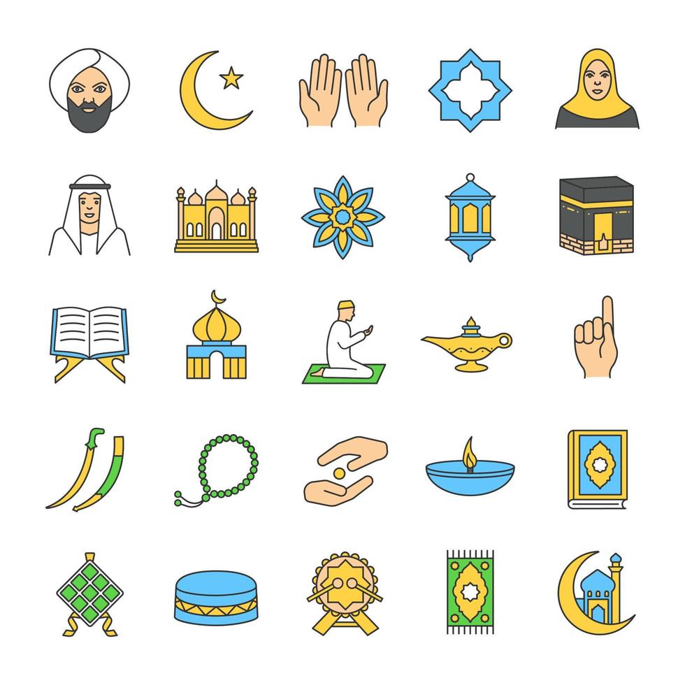 Islamic culture color icons set. Muslim attributes. Religion symbolism. Isolated vector illustrations