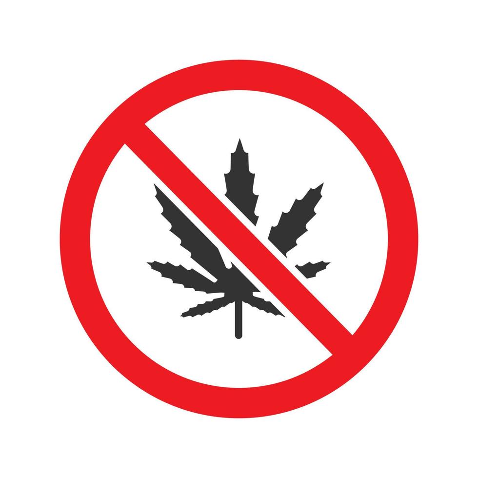 Señal de prohibido con el icono de glifo de hoja de marihuana. detener el símbolo de la silueta. sin cannabis. espacio negativo. vector ilustración aislada