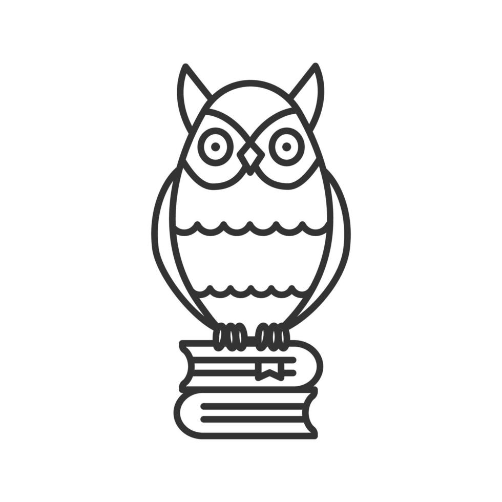 Owl on books stack linear icon. Education. Thin line illustration. Emblem of wisdom and knowledge. Contour symbol. Vector isolated outline drawing