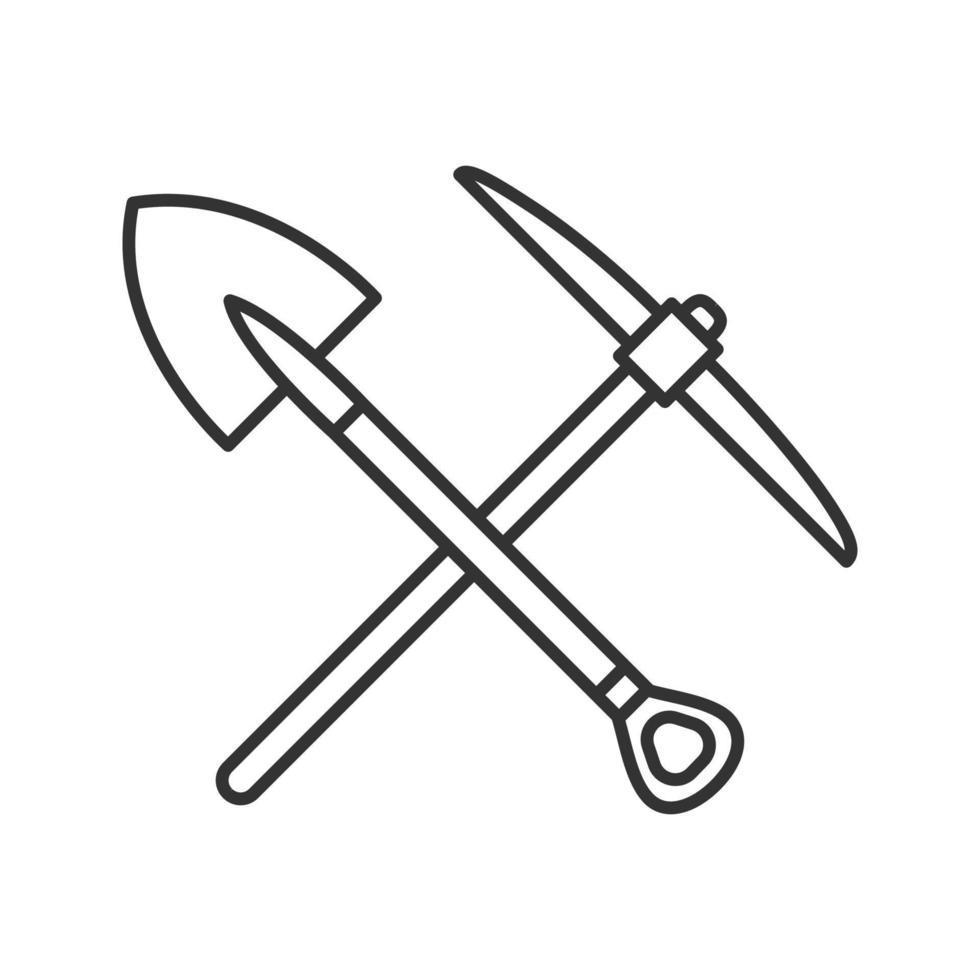 Crossed shovel and pickaxe linear icon. Mining. Thin line illustration. Contour symbol. Pick axe and dig. Vector isolated outline drawing