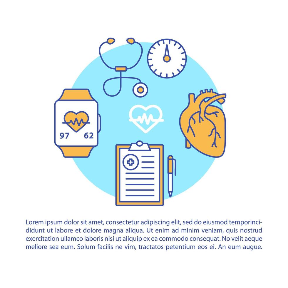 Blood pressure article page vector template. Brochure, magazine, booklet design element, linear icons, text box. Heart functioning monitoring. Print design. Concept illustrations with text space