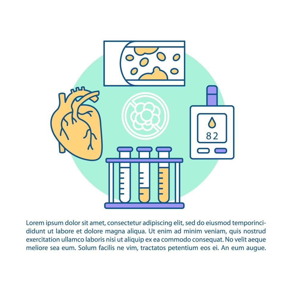 Cholesterol test article page vector template. Brochure, magazine, booklet design element with linear icons, text boxes. Laboratory diagnostics. Print design. Concept illustrations with text space