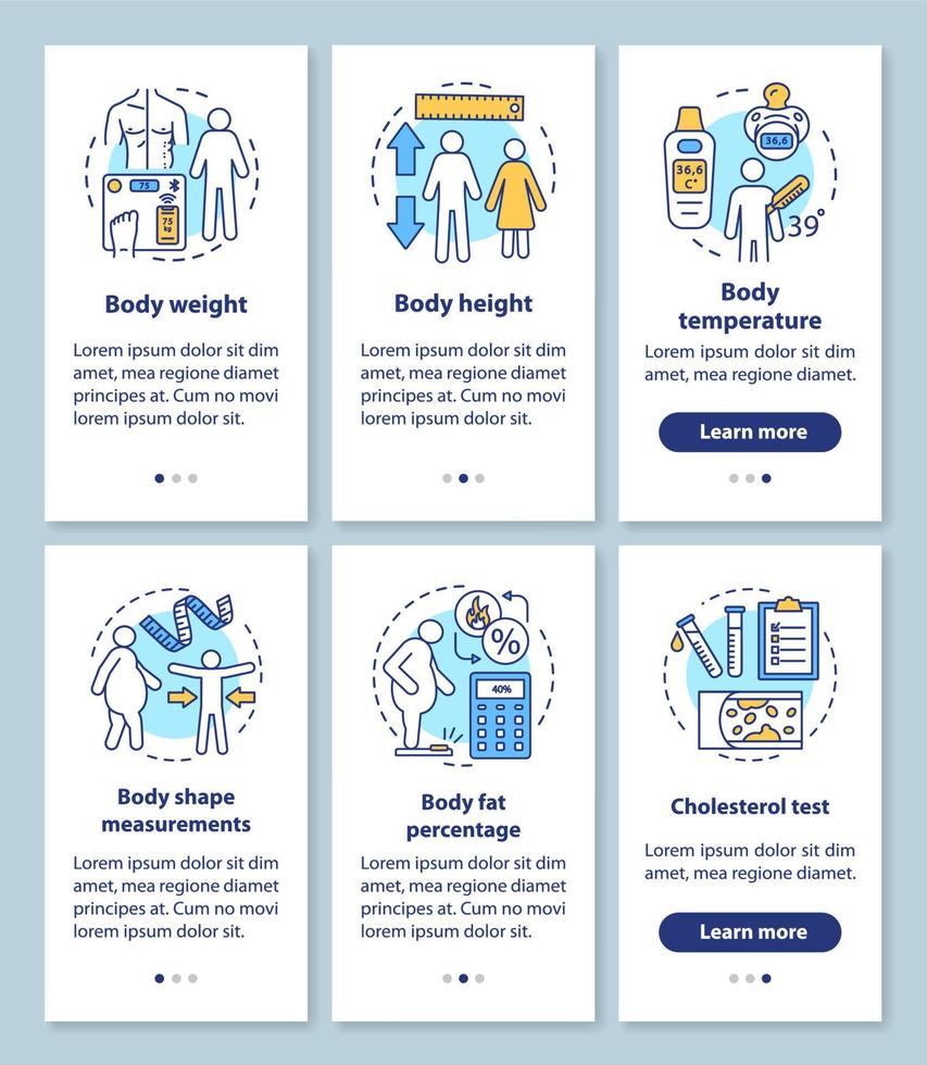 Body health measurement onboarding mobile app page screen with linear concepts set. Walkthrough steps graphic instructions. Body weight and height. UX, UI, GUI vector template with illustrations