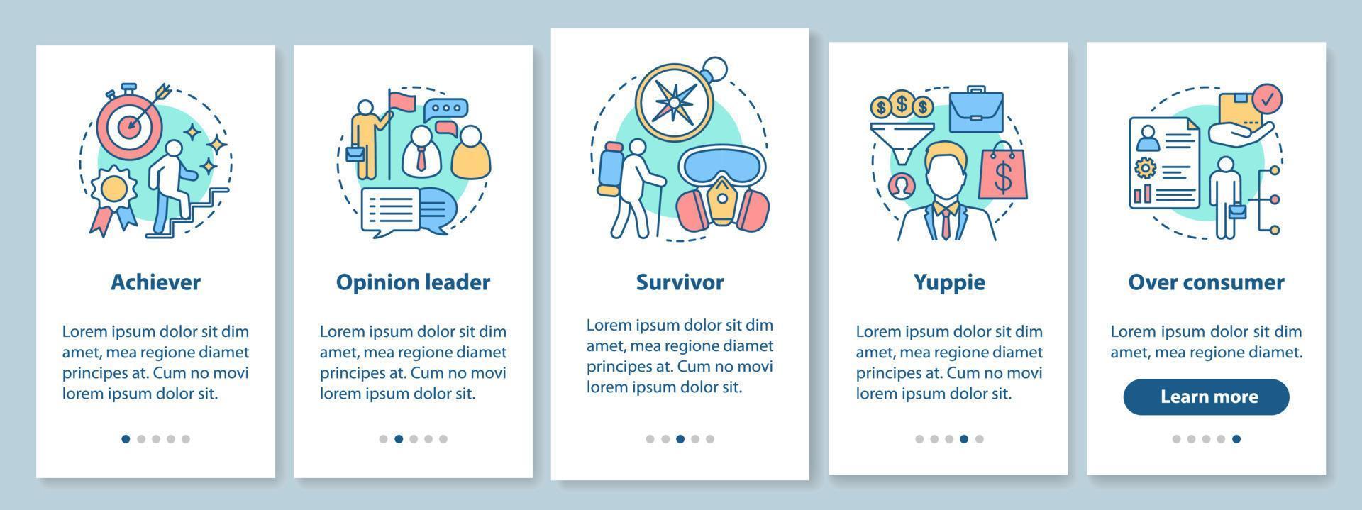 Lifestyle types used in marketing onboarding mobile app page screen with linear concepts. Achiever, survivor, yuppie walkthrough steps graphic instructions. UX, UI, GUI vector template with icons