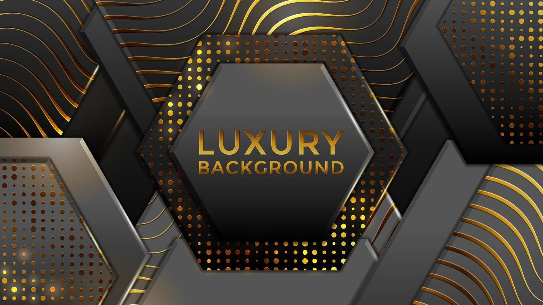 Luxury background. Abstract realistic papercut decoration textured with hexagon, circle, wavy zigzag shapes and golden halftone pattern. 3d backdrop. Vector illustration. Modern design