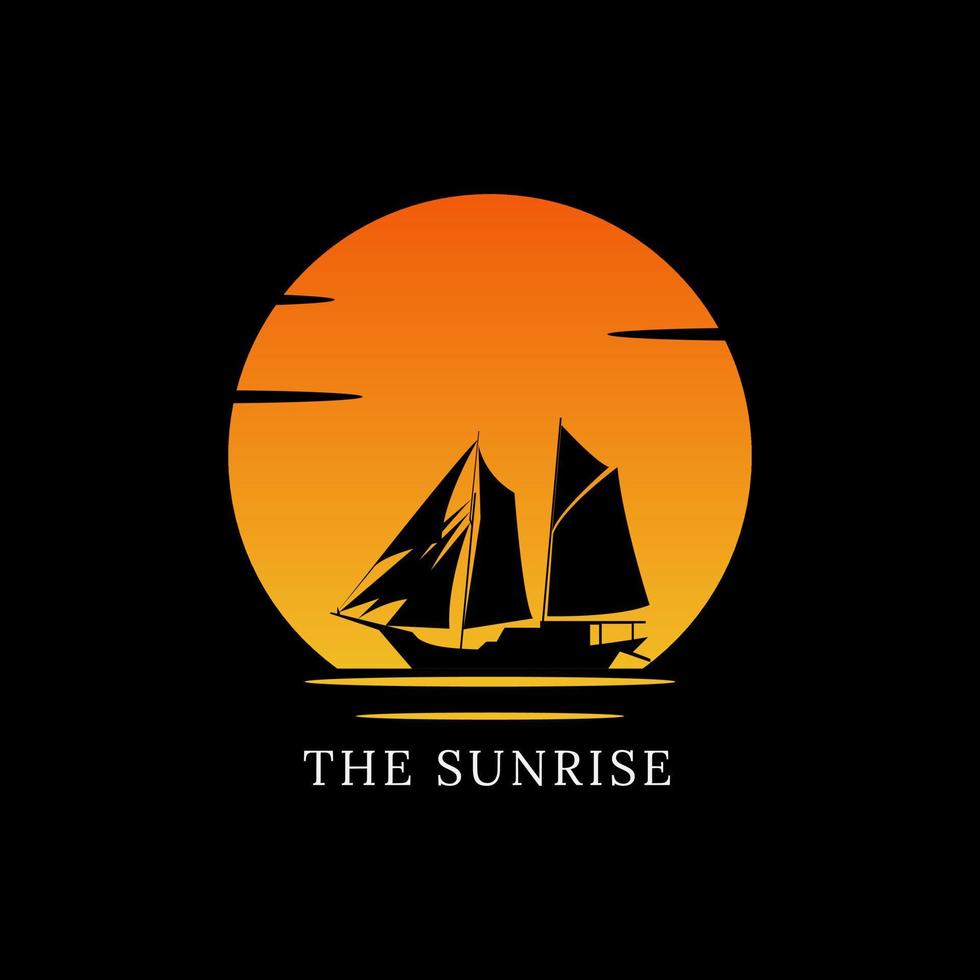 diseño de logotipo de barco marino, amanecer para decorar el barco, con un fondo negro adecuado para logotipos de empresas, etc. vector