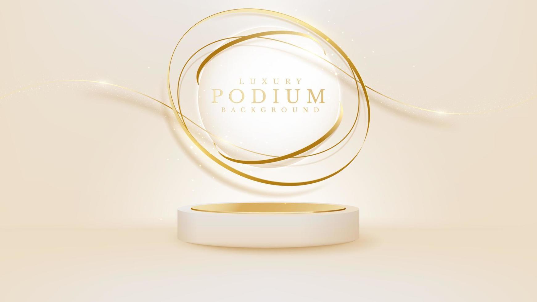 Realistic cream color podium with gold ribbon elements with glitter light effect. Luxury banner background design. vector