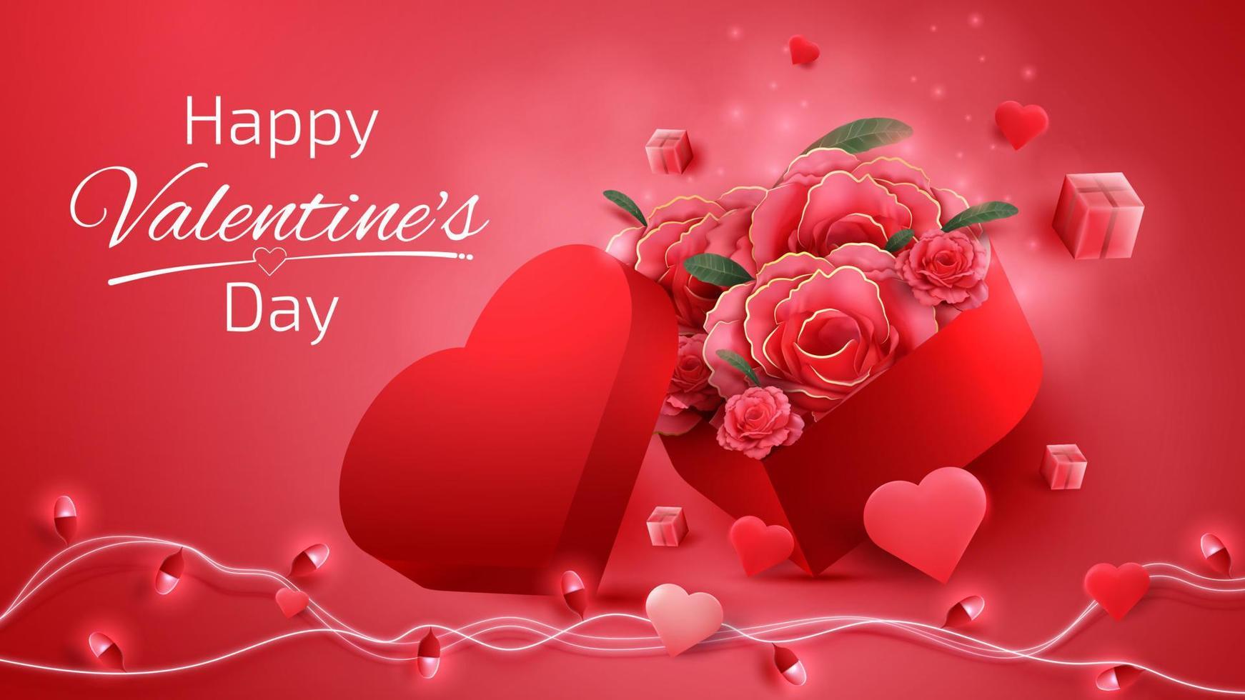 Valentine's Day background decorated with heart shaped gift boxes and red roses with light bulbs. vector