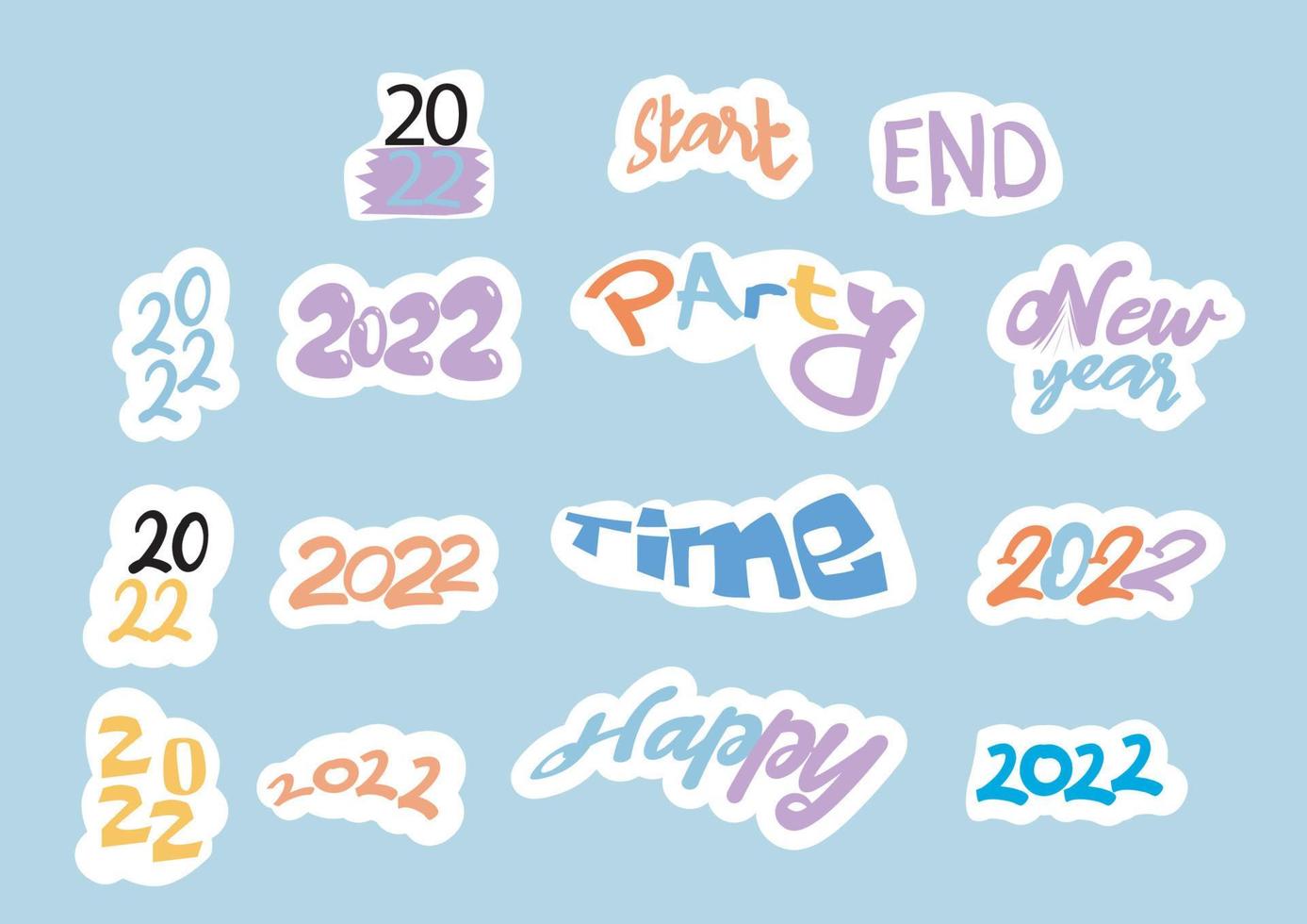 Happy new year 2022 sticker vector flat illustration collection, Funny decor with trendy lettering and design elements