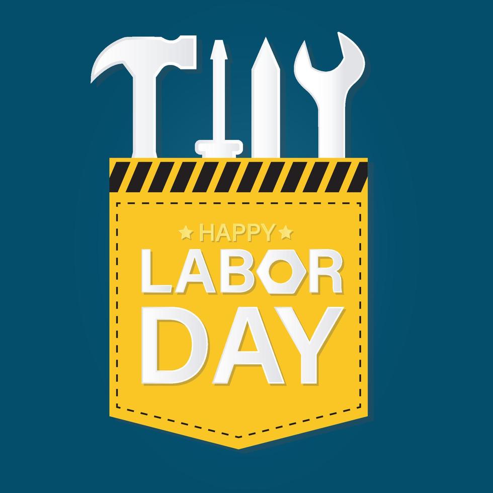 Happy Labor Day banner with helmet, pencil, hammer, screwdriver.  Design template paper cut look. Vector illustration