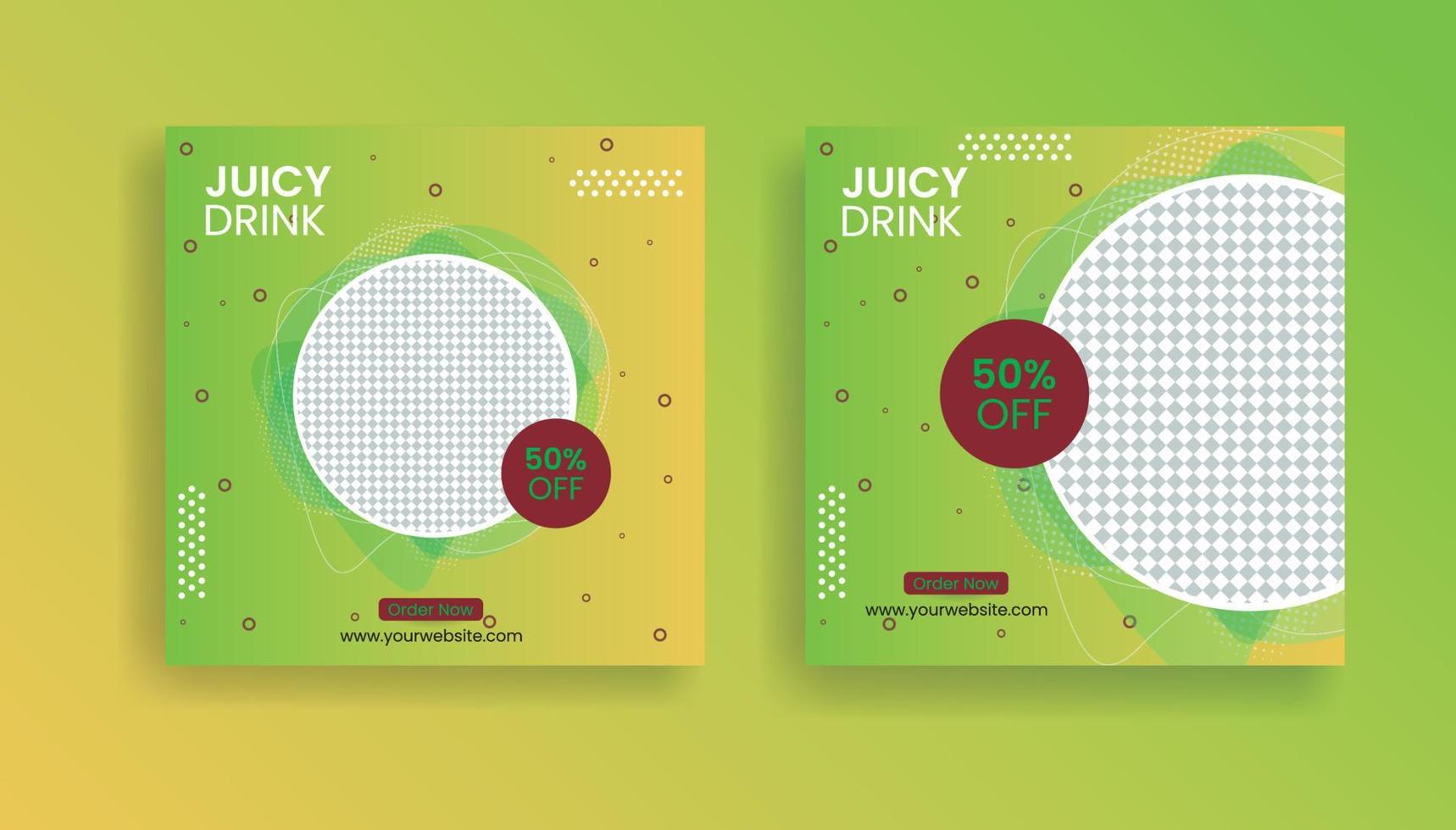 Diseño de plantilla de publicación de redes sociales para bebida de jugo de mango, jugo de naranja. el color de fondo es naranja, amarillo y verde. adecuado para redes sociales, folletos y publicidad web. ilustración vectorial vector