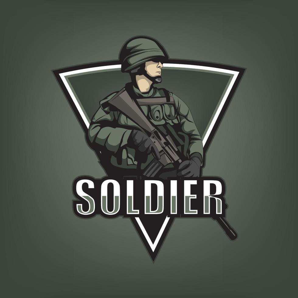 Etiqueta de logotipo deportivo con ilustración de soldado sobre fondo oscuro. ilustración vectorial. vector