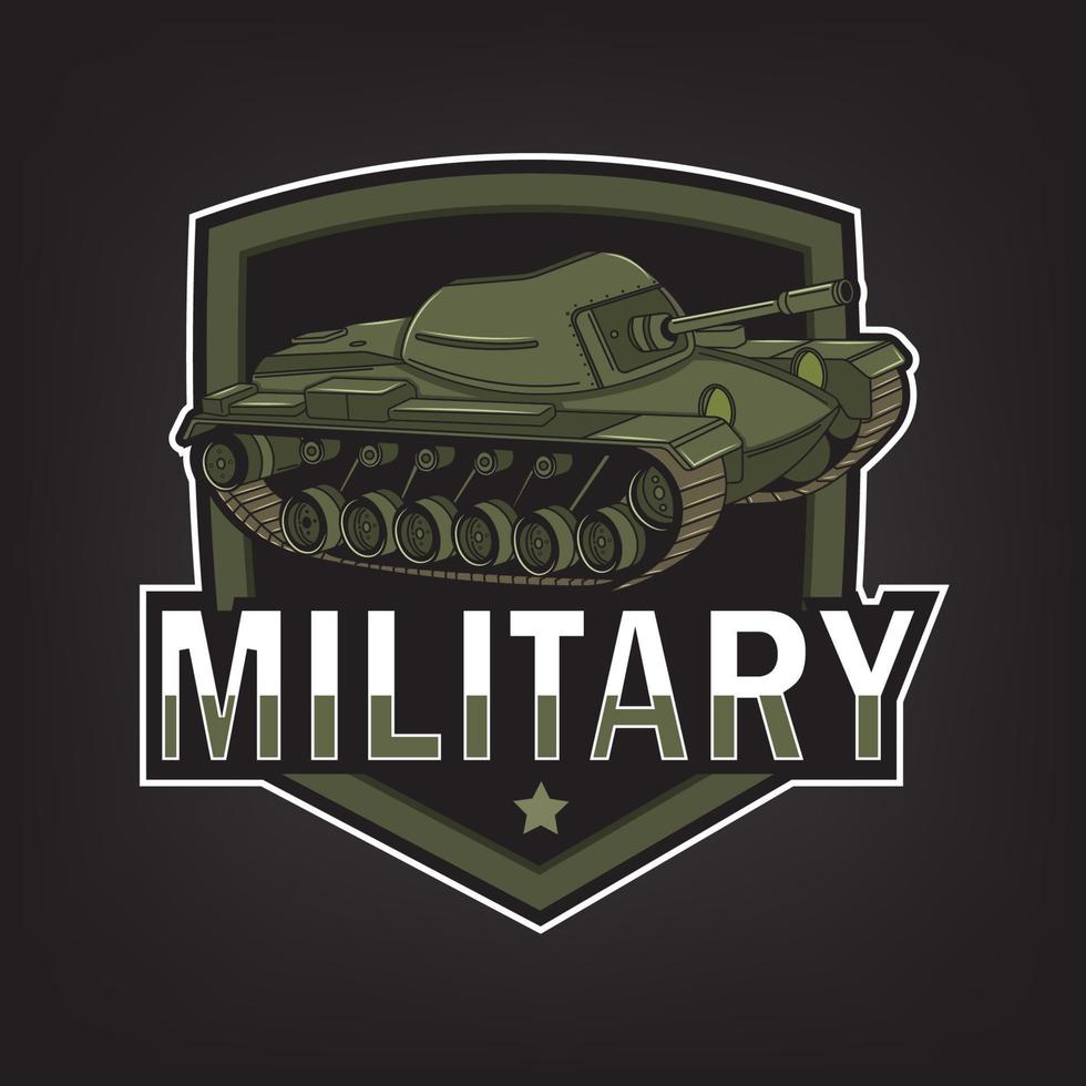 vector de diseño de logotipo de mascota militar, emblema e impresión de camiseta. Ilustración de tanque militar.