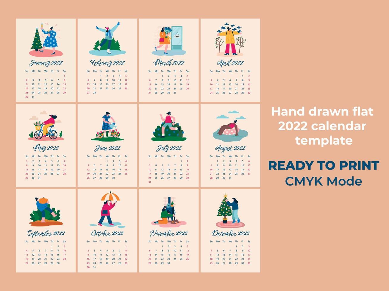 Hand drawn flat calendar 2022 template with all month vector