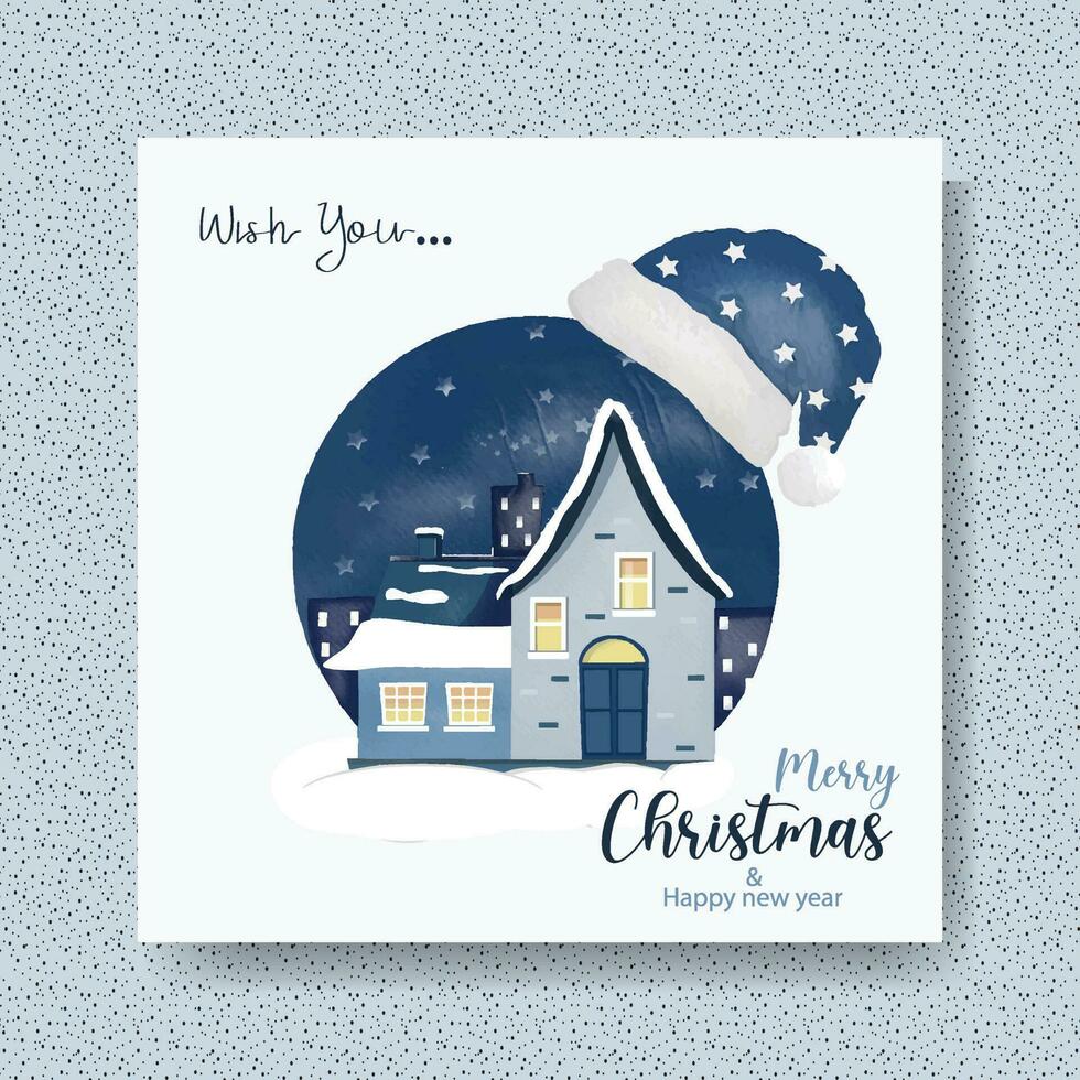 Merry Christmas card or background with a digital watercolor cozy house, snowy night, and Santa's hat vector