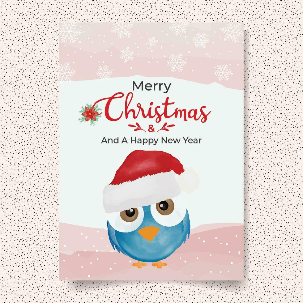 Merry Christmas Card Watercolor Cute Bird Wearing Santa's Hat, Greeting Card. vector