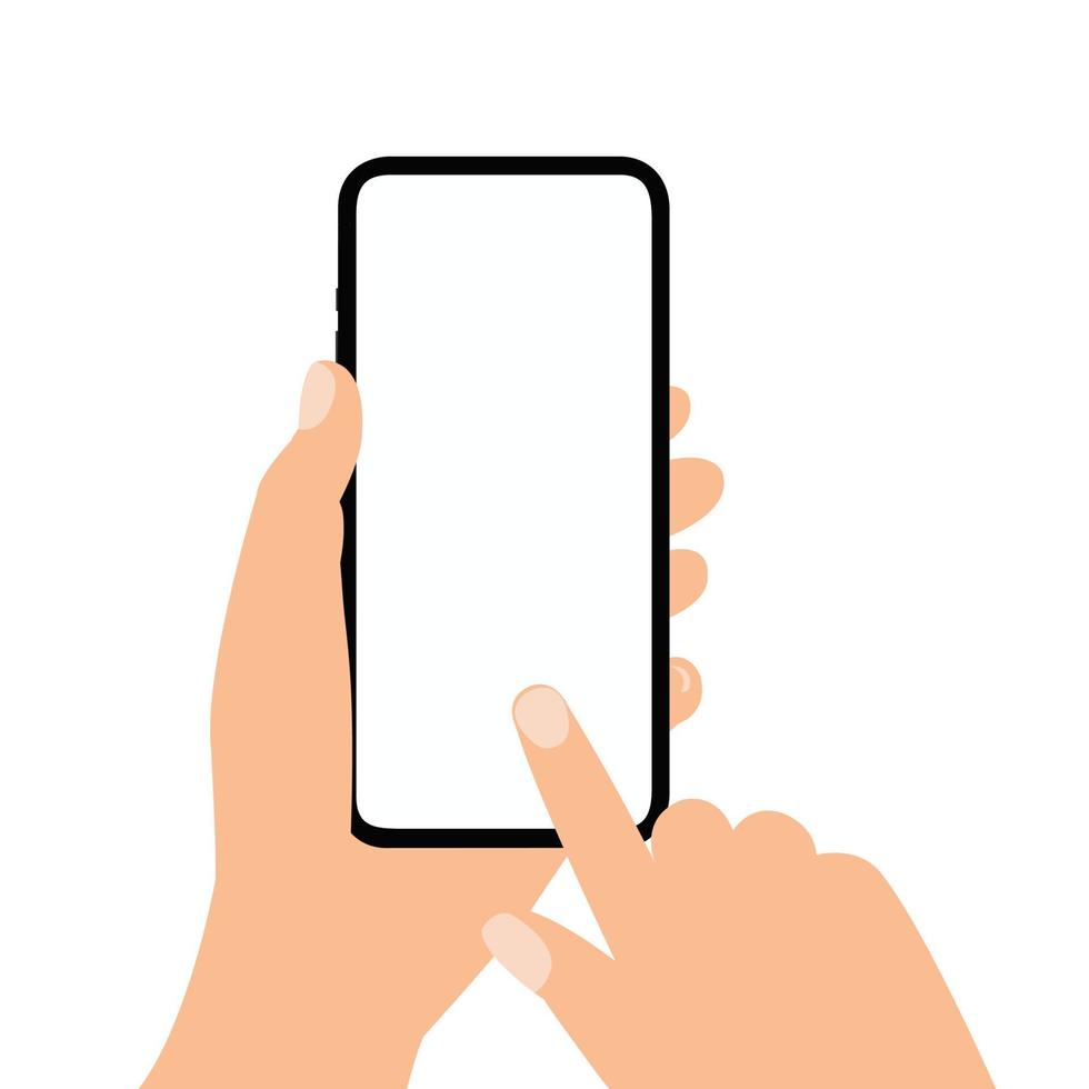mano que sostiene el teléfono inteligente móvil y toque en la pantalla en blanco. fondo blanco aislado, vector
