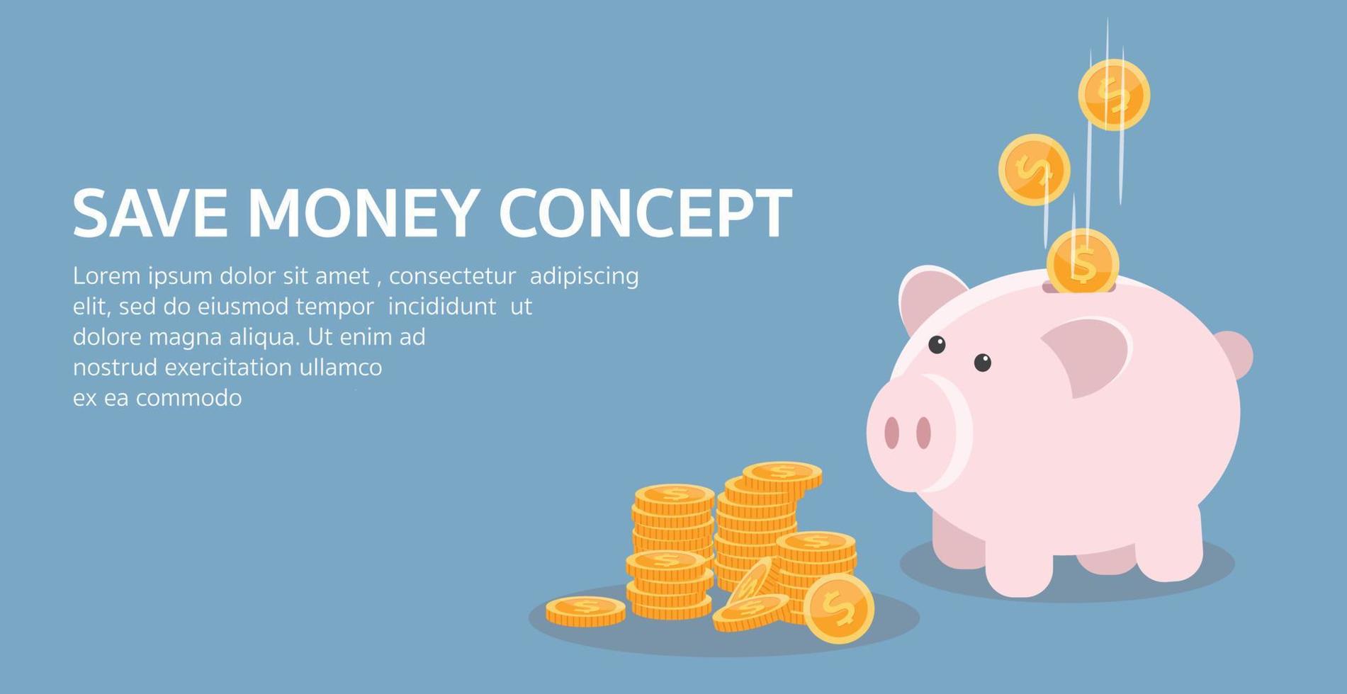 Piggy bank with falling gold coins. The concept of saving or save money. Vector illustration with place for your text or copy space.