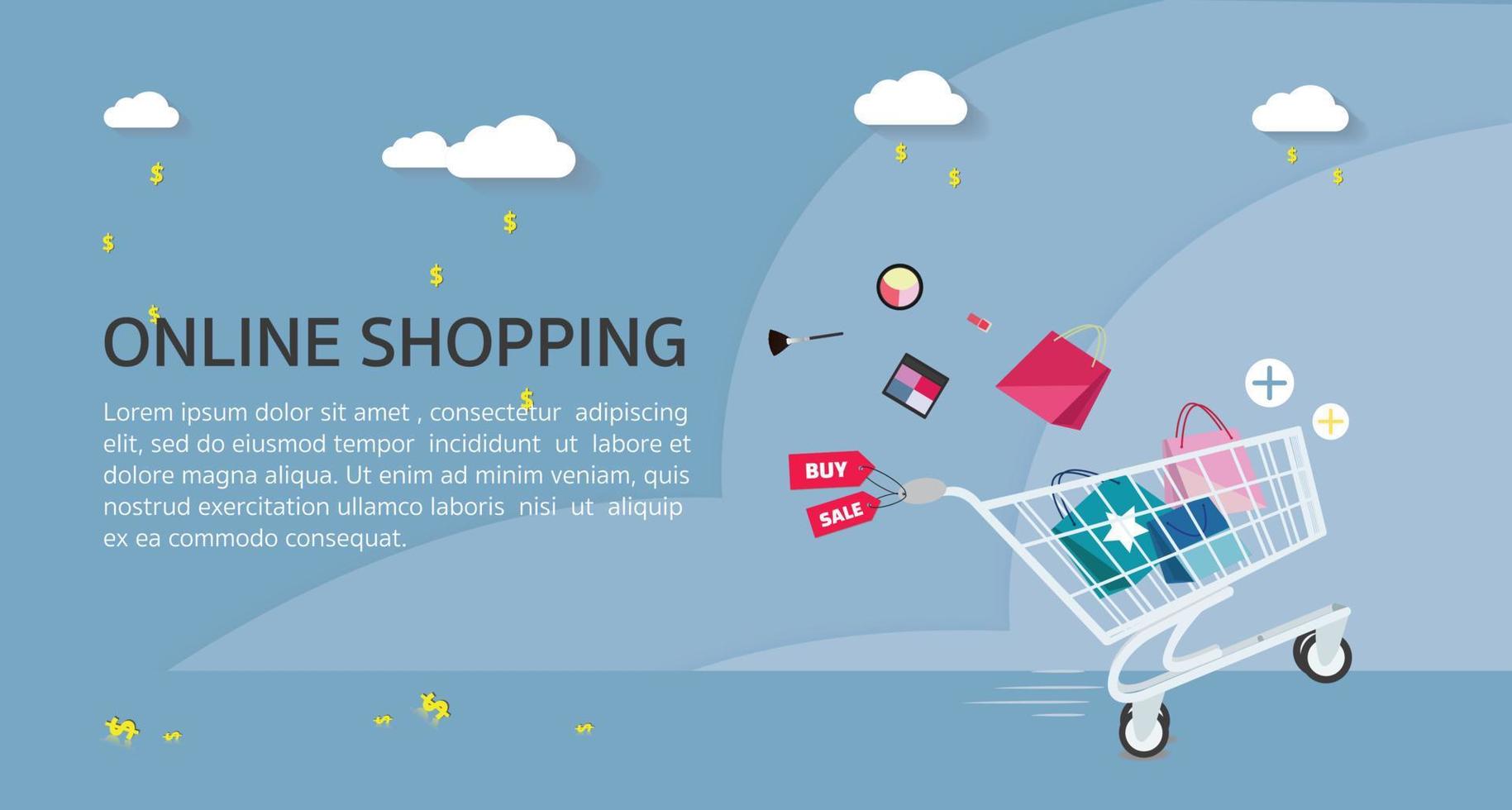 concepto de compras en línea. ilustración vectorial del concepto de compras en línea. banner de compras en línea, banner de venta con carrito de compras completo vector