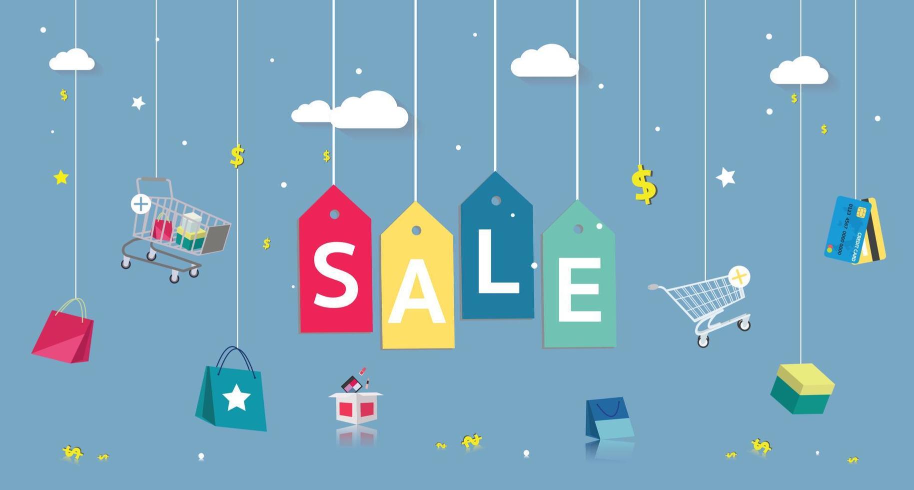Fondo de descuento de venta para la tienda online, concepto de compra online. ilustración vectorial del concepto de compras en línea. vector