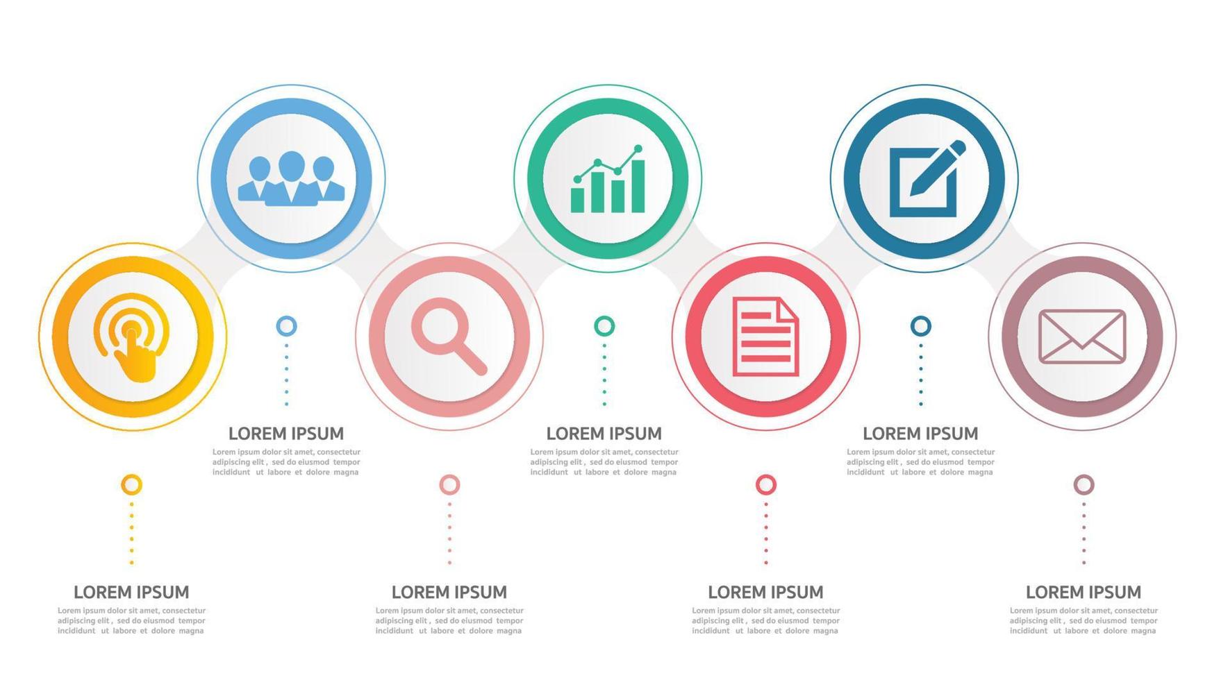 línea de tiempo horizontal con 7 elementos circulares, iconos de líneas finas dentro de ellos.Diseño gráfico empresarial. vector