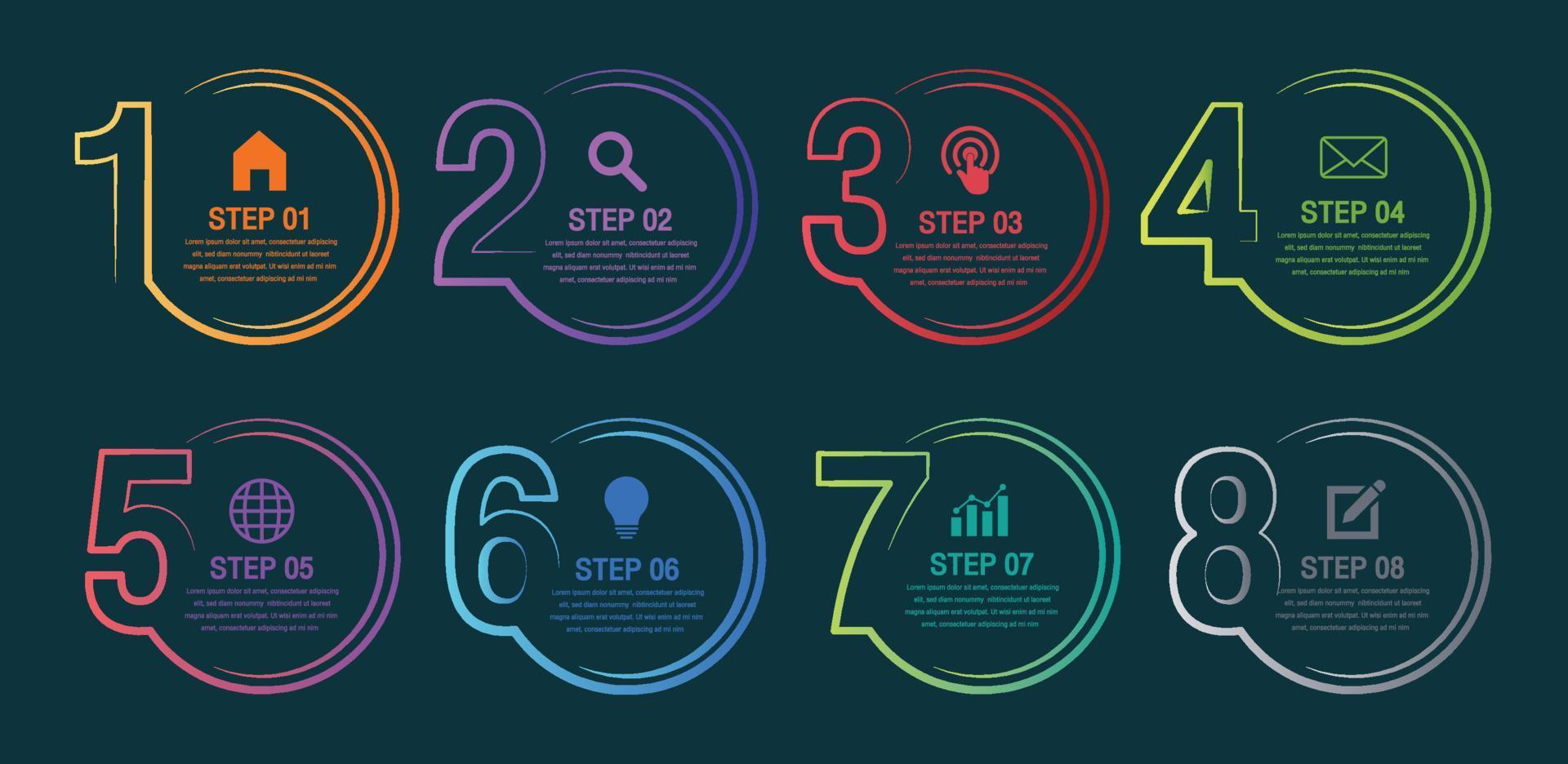 infografía elemento de 8 pasos. diagrama de gráfico circular, diseño de gráfico de negocio.Diseño de línea delgada con números 8 opciones o pasos. vector