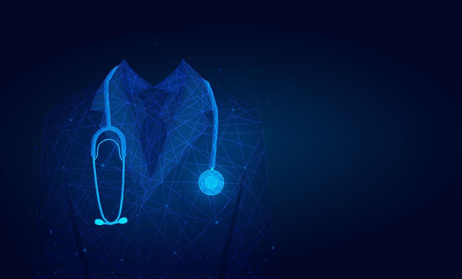 médico en bata de laboratorio médico con un estetoscopio. médico en el fondo del hospital con espacio de copia. estructura de alambre de baja poli. vector