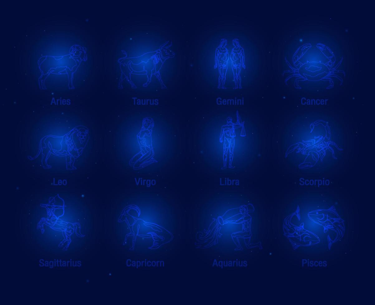 Zodiac signs with galaxy stars background. vector