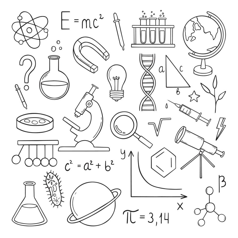 Set of Education and Science doodle. Formulas in physics, mathematics and chemistry, laboratory equipment in sketch style. Hand drawn vector illustration isolated on white background.