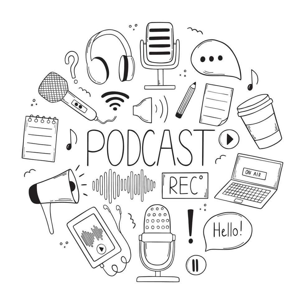 Set of Podcast doodle in circle shape. Microphone, phone, laptop, voice recorder, play button, loudspeaker in sketch style.  Hand drawn vector illustration isolated on white background.