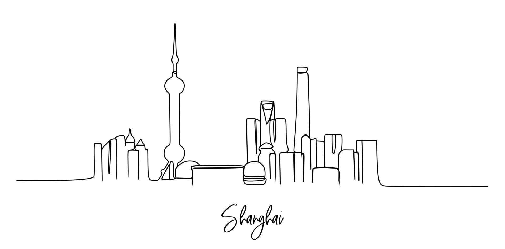 One single line drawing of Shanghai city skyline, China. Historical town landscape in world. Best holiday destination. Editable stroke trendy continuous line draw design vector graphic illustration