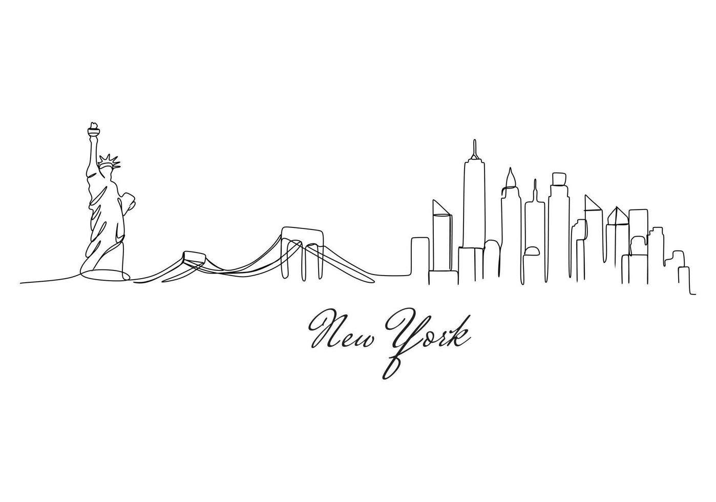 One single line drawing New York city skyline United States. Historical town landscape in world. Best holiday destination poster. Editable stroke trendy continuous line draw design vector illustration