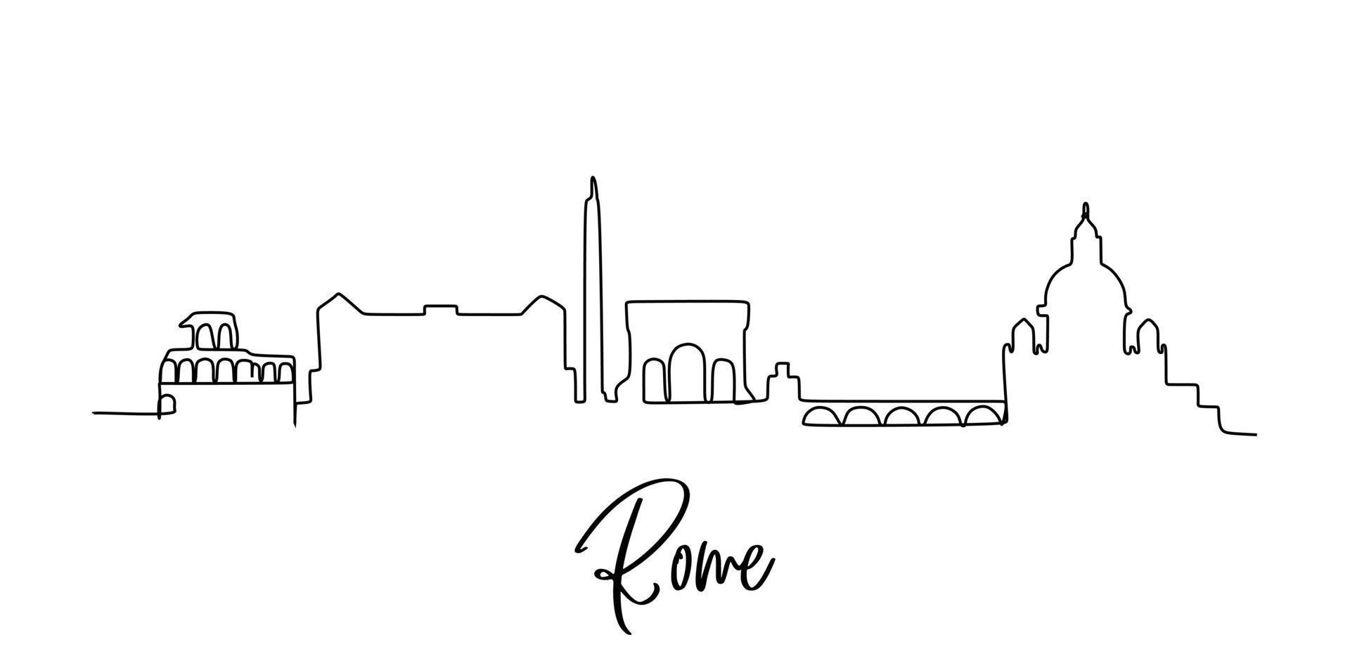 Single continuous line drawing of Rome city skyline Italy. Famous Roma city skyscraper landscape. World travel home wall decor poster print art concept. Modern one line draw design vector illustration