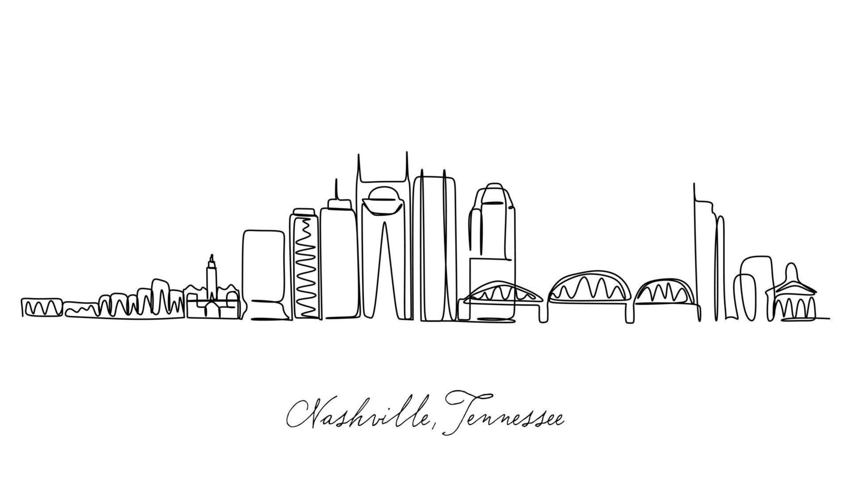 One continuous line drawing Nashville city skyline, Tennessee. Beautiful landmark. World landscape tourism travel vacation poster. Editable stylish stroke single line draw design vector illustration