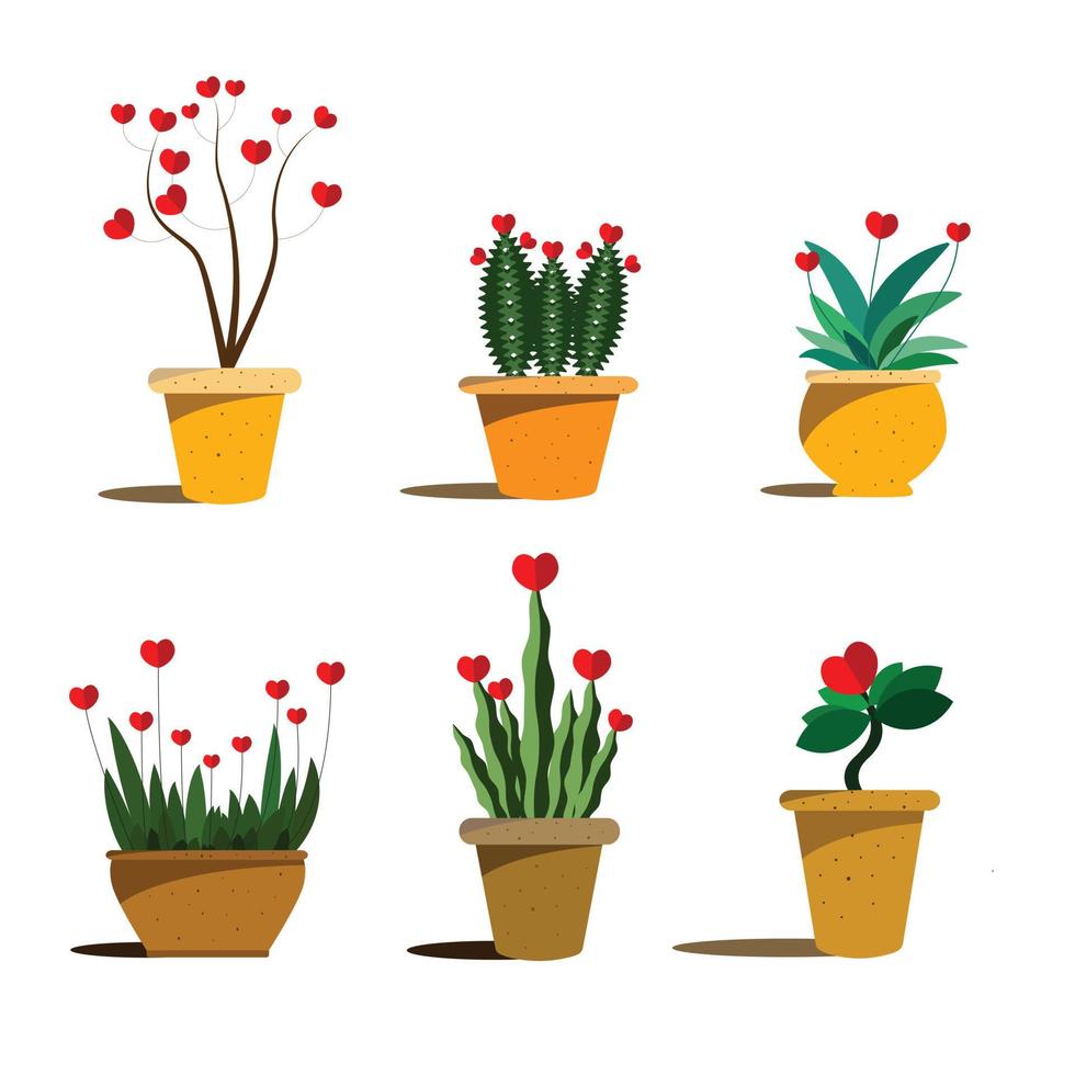 Cartoon Vector set of Valentines house indoor plant in pot isolated on white background.