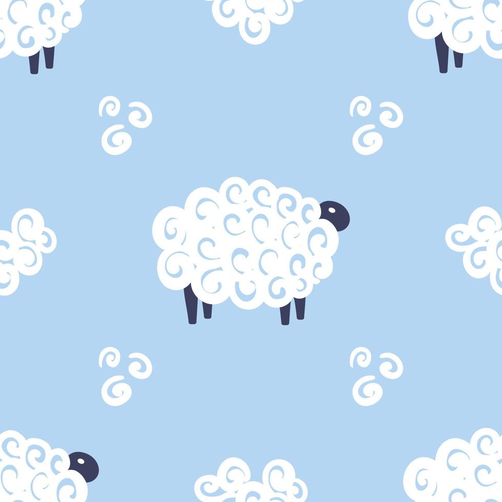 Cute sheep vector seamless pattern kids sweet dreams illustration on blue background. Baby shower background. Child drawing flat style white sheep. Kids design for fabric