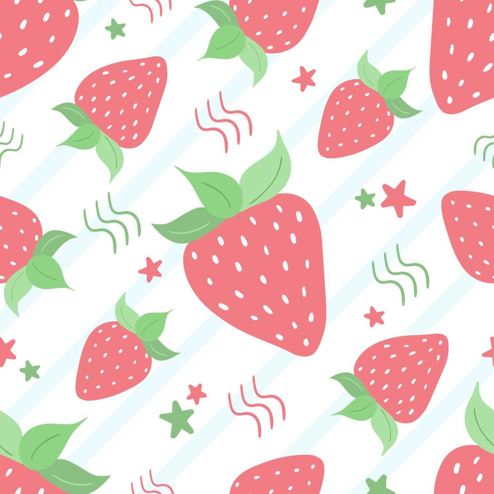 Hand drawn pink strawberry doodle seamless pattern with lettering, stripes, leaves, stars isolated on white background. Summer berries for the design of stickers, menu posters.Vector flat illustration vector
