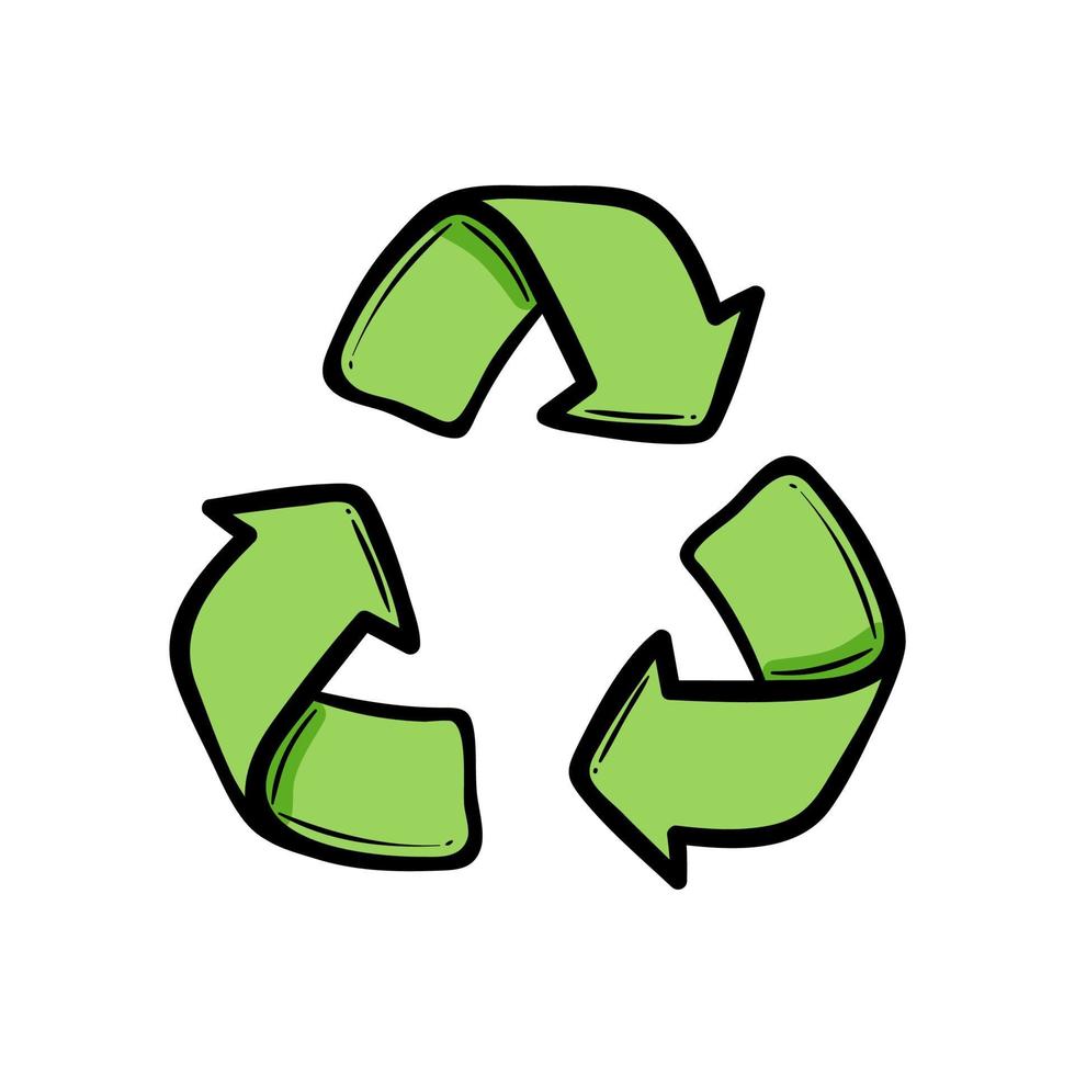 Doodle símbolo de flecha de reciclaje, utilizando recursos reciclados. icono de vector de eco verde estilo dibujado a mano. concepto de ecología de residuos cero