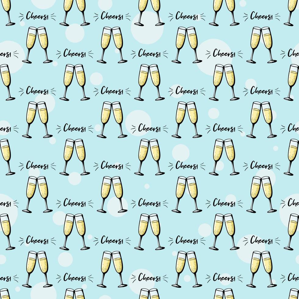 Glasses of champagne seamless doodle pattern. Cheers vector illustration on blue background. Valentines day greeting card, anniversary celebration