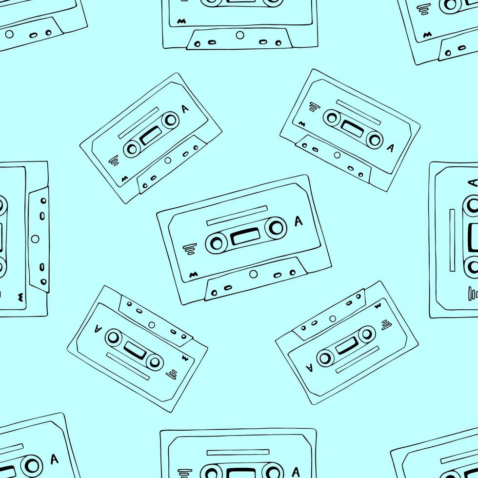 Hand drawn cassette and mixtape seamless pattern, black and blue cartoon doodle background for music technology or audio equipment vector