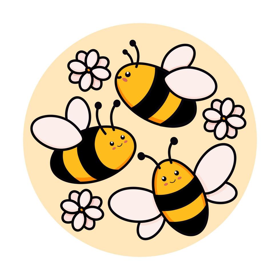 lindo conjunto de abejas en una ilustración de vector de marco redondo en estilo doodle. colorida colección de abejorros en un círculo, niños dibujando para el diseño de iconos y logotipos en colores amarillo y negro aislado