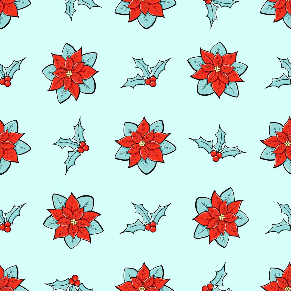 Poinsettia y ramas de acebo vector de patrones sin fisuras. bosquejo de garabatos de flores de invierno en un estilo minimalista. Ilustración de moda para papel tapiz, estampado, tela de invierno.