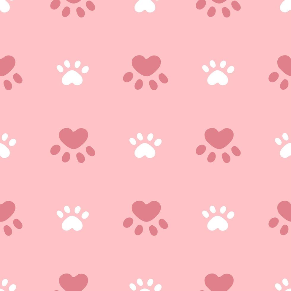 gato o perro rosa y blanco de patrones sin fisuras. Ilustración de vector de fondo de patas de gato y miau. lindo personaje de dibujos animados en colores pastel para bebé niña